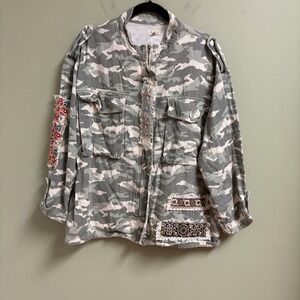 POL Womens Camo Embroidered Zip Up Jacket Size S Oversized Boho Hippie Grunge